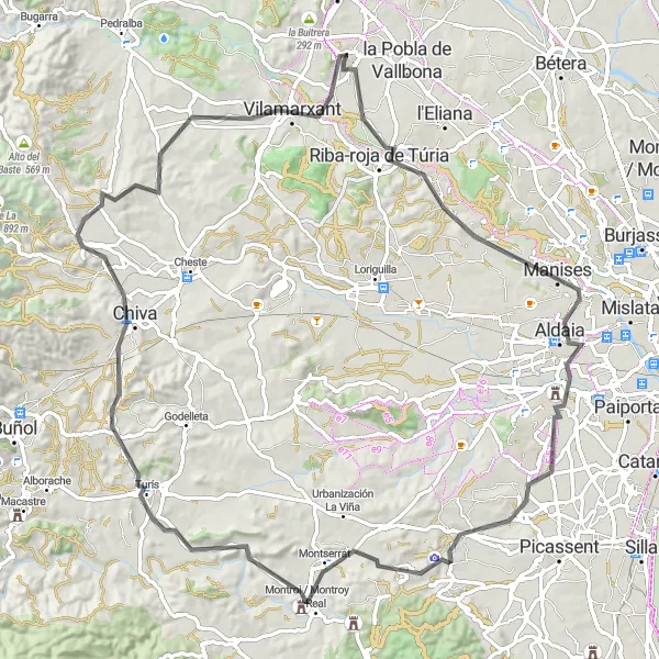 Miniatuurkaart van de fietsinspiratie "Route door Riba-roja de Túria, Torrent, Montroi, Turís, Mirador Peña Lomeros en Vilamarxant" in Comunitat Valenciana, Spain. Gemaakt door de Tarmacs.app fietsrouteplanner