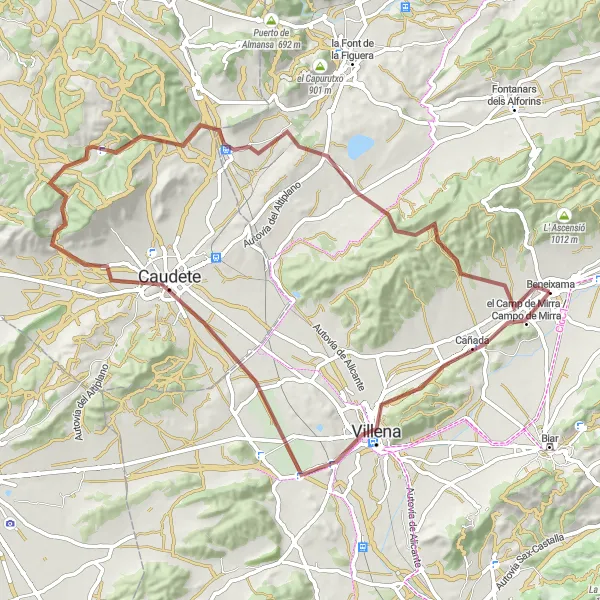 Miniaturní mapa "Malebná cyklotrasa kolem Beneixama" inspirace pro cyklisty v oblasti Comunitat Valenciana, Spain. Vytvořeno pomocí plánovače tras Tarmacs.app