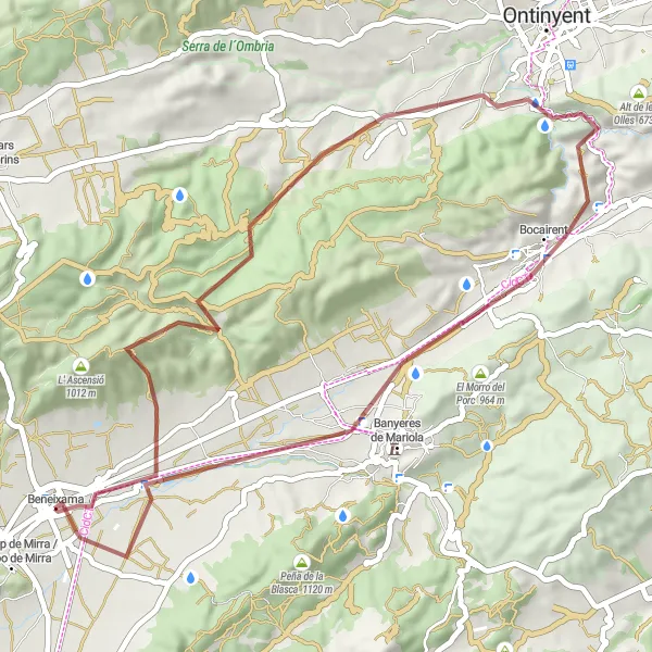 Miniatura della mappa di ispirazione al ciclismo "Gravel Route da Beneixama a El Salse" nella regione di Comunitat Valenciana, Spain. Generata da Tarmacs.app, pianificatore di rotte ciclistiche