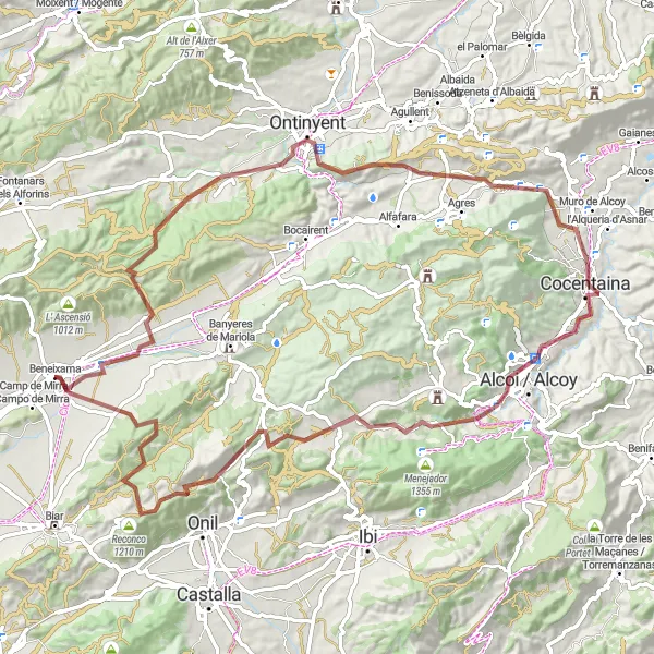 Miniaturní mapa "Náročná cyklotrasa kolem Beneixama" inspirace pro cyklisty v oblasti Comunitat Valenciana, Spain. Vytvořeno pomocí plánovače tras Tarmacs.app