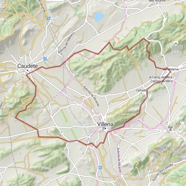 Miniaturní mapa "Gravel Route from Beneixama" inspirace pro cyklisty v oblasti Comunitat Valenciana, Spain. Vytvořeno pomocí plánovače tras Tarmacs.app