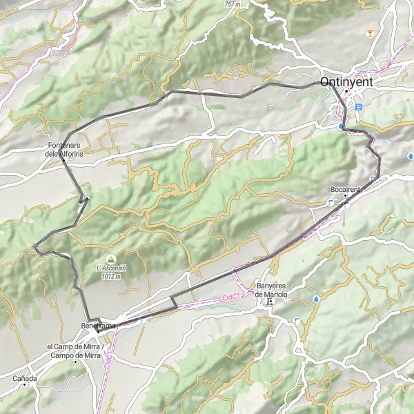 Miniatuurkaart van de fietsinspiratie "Beneixama - Ontinyent - Bocairent - El Salse - Beneixama" in Comunitat Valenciana, Spain. Gemaakt door de Tarmacs.app fietsrouteplanner