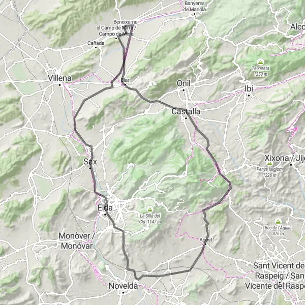 Miniatua del mapa de inspiración ciclista "Recorrido en carretera por los bosques y montañas de Campo de Mirra / el Camp de Mirra" en Comunitat Valenciana, Spain. Generado por Tarmacs.app planificador de rutas ciclistas