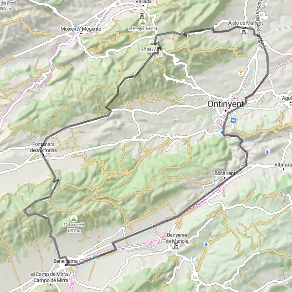 Miniatura mapy "Szlak rowerowy przez Fontanars dels Alforins" - trasy rowerowej w Comunitat Valenciana, Spain. Wygenerowane przez planer tras rowerowych Tarmacs.app