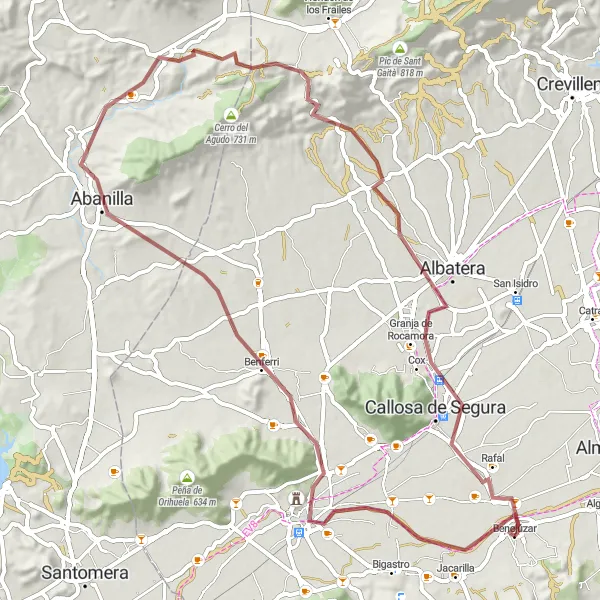 Miniaturekort af cykelinspirationen "Rundtur til Orihuela, Abanilla, Granja de Rocamora og Rafal" i Comunitat Valenciana, Spain. Genereret af Tarmacs.app cykelruteplanlægger