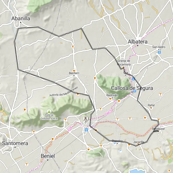 Map miniature of "Orihuela Loop" cycling inspiration in Comunitat Valenciana, Spain. Generated by Tarmacs.app cycling route planner