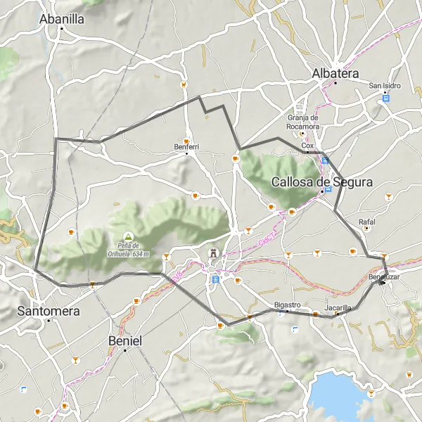 Miniatura della mappa di ispirazione al ciclismo "Road Route: Benejúzar - Callosa de Segura" nella regione di Comunitat Valenciana, Spain. Generata da Tarmacs.app, pianificatore di rotte ciclistiche