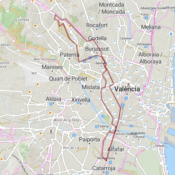 Map miniature of "The Gravel Adventure to Burjassot, Paterna, and Massanassa" cycling inspiration in Comunitat Valenciana, Spain. Generated by Tarmacs.app cycling route planner
