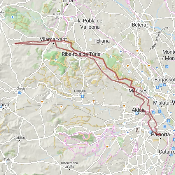 Miniaturní mapa "Gravel Route to Riba-roja de Túria" inspirace pro cyklisty v oblasti Comunitat Valenciana, Spain. Vytvořeno pomocí plánovače tras Tarmacs.app