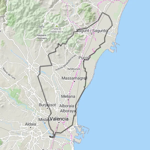 Miniatuurkaart van de fietsinspiratie "Fietsroute Godella - Coll de la Calderona - Canet d'en Berenguer - Puçol - Ciutat de les Arts i les Ciències" in Comunitat Valenciana, Spain. Gemaakt door de Tarmacs.app fietsrouteplanner