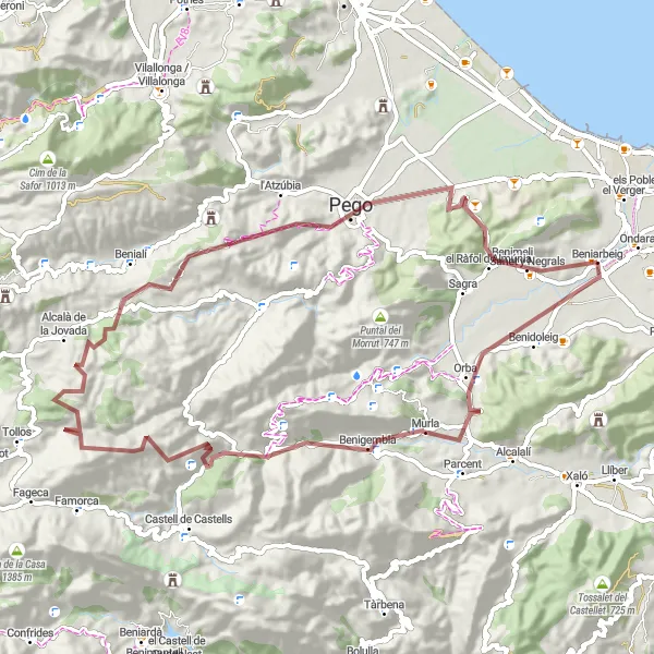 Miniatura della mappa di ispirazione al ciclismo "Esplorazione in mountain bike tra Beniarbeig e Pego" nella regione di Comunitat Valenciana, Spain. Generata da Tarmacs.app, pianificatore di rotte ciclistiche