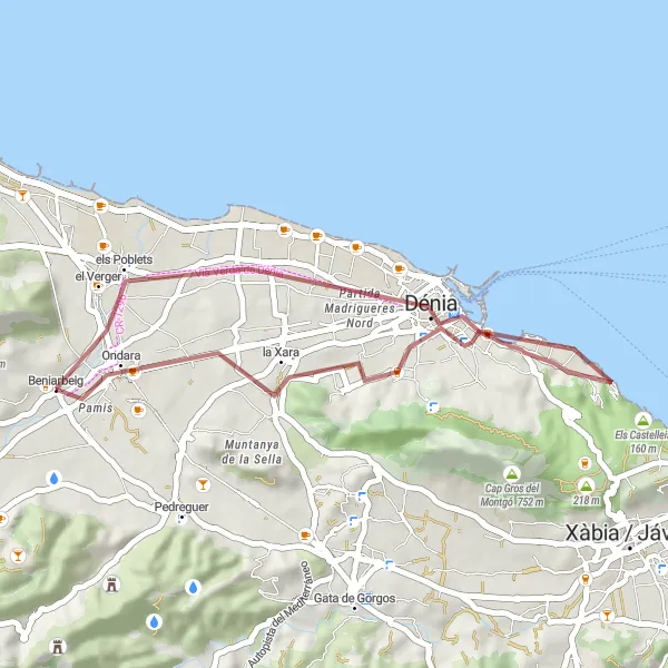 Map miniature of "Dénia and Torre del Consell Gravel Route" cycling inspiration in Comunitat Valenciana, Spain. Generated by Tarmacs.app cycling route planner