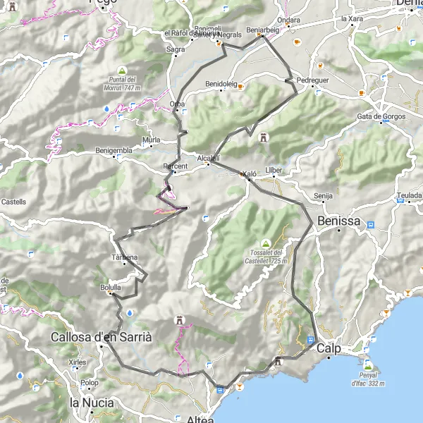 Miniature de la carte de l'inspiration cycliste "Aventure à Calp et Tàrbena" dans la Comunitat Valenciana, Spain. Générée par le planificateur d'itinéraire cycliste Tarmacs.app