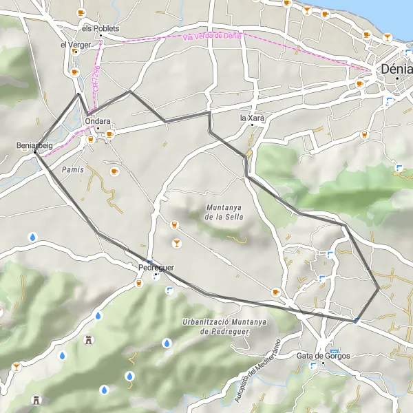 Map miniature of "Beniarbeig to Pedreguer - Road Cycling Route" cycling inspiration in Comunitat Valenciana, Spain. Generated by Tarmacs.app cycling route planner