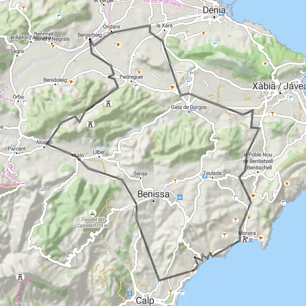 Miniatua del mapa de inspiración ciclista "Ruta en Bicicleta de Carretera desde Beniarbeig a Ondara" en Comunitat Valenciana, Spain. Generado por Tarmacs.app planificador de rutas ciclistas