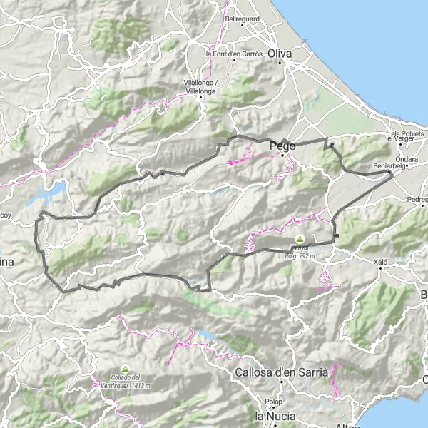 Miniaturekort af cykelinspirationen "El Portet - Benigembla - Castell de Castells - Morro de les Dotes - Gorga - Planes - Tossal de la Creu - Tossal de les Forques - Pego - el Ràfol d'Almúnia - Tossalet de Benihome" i Comunitat Valenciana, Spain. Genereret af Tarmacs.app cykelruteplanlægger