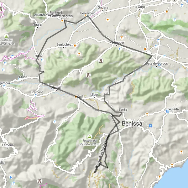Miniatua del mapa de inspiración ciclista "Ruta en Bicicleta de Carretera desde Beniarbeig a Sanet y Negrals" en Comunitat Valenciana, Spain. Generado por Tarmacs.app planificador de rutas ciclistas