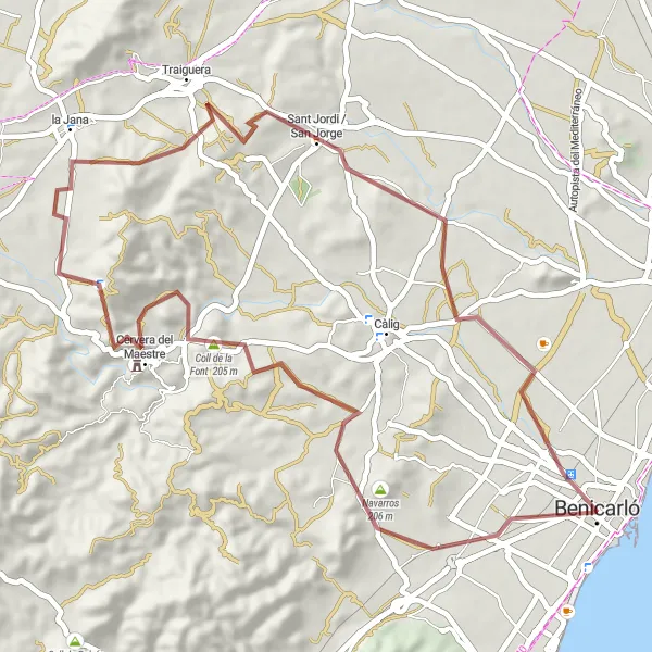 Miniatura della mappa di ispirazione al ciclismo "Gravel di Benicarló al Coll de Polpís" nella regione di Comunitat Valenciana, Spain. Generata da Tarmacs.app, pianificatore di rotte ciclistiche