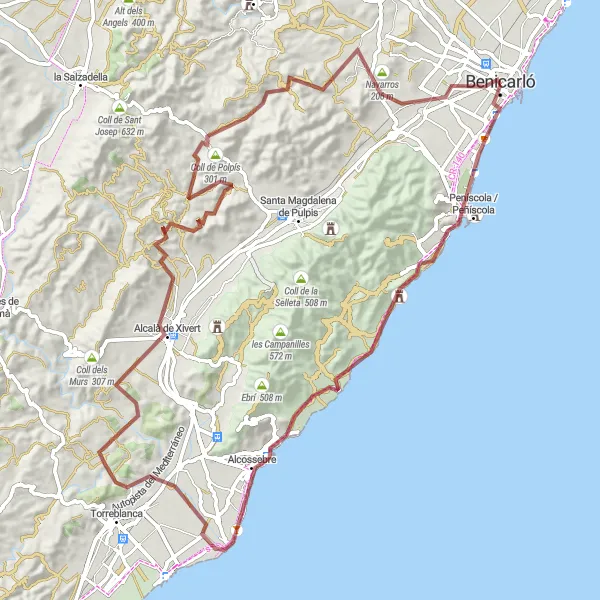 Miniatura della mappa di ispirazione al ciclismo "Gravel da Benicarló ad Alcalà de Xivert" nella regione di Comunitat Valenciana, Spain. Generata da Tarmacs.app, pianificatore di rotte ciclistiche