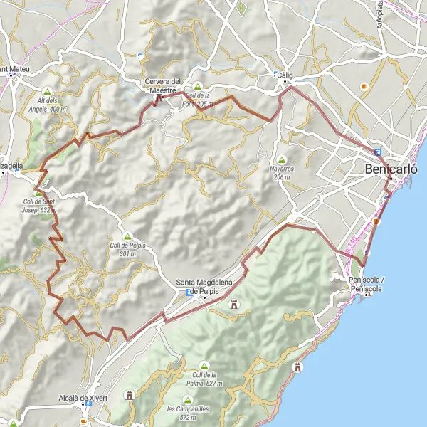 Miniatua del mapa de inspiración ciclista "Ruta de Benicarló a Cervera del Maestre" en Comunitat Valenciana, Spain. Generado por Tarmacs.app planificador de rutas ciclistas