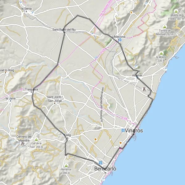 Miniatua del mapa de inspiración ciclista "Ruta en Bici de Carretera Benicarló - Ulldecona - Vinaròs" en Comunitat Valenciana, Spain. Generado por Tarmacs.app planificador de rutas ciclistas