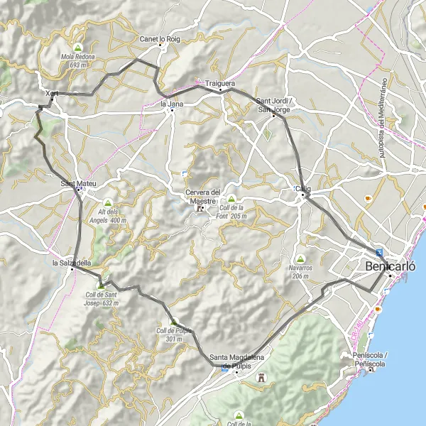 Karten-Miniaturansicht der Radinspiration "Straßenrunde in der Nähe von Benicarló" in Comunitat Valenciana, Spain. Erstellt vom Tarmacs.app-Routenplaner für Radtouren