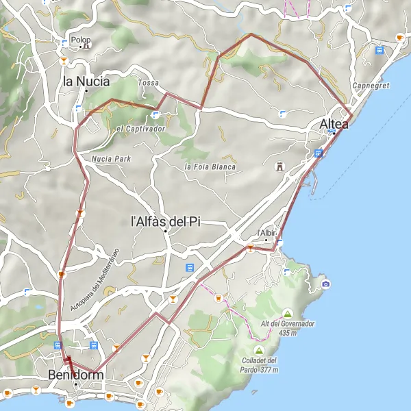 Miniature de la carte de l'inspiration cycliste "Parcours Tout-Terrain à partir de Benidorm" dans la Comunitat Valenciana, Spain. Générée par le planificateur d'itinéraire cycliste Tarmacs.app