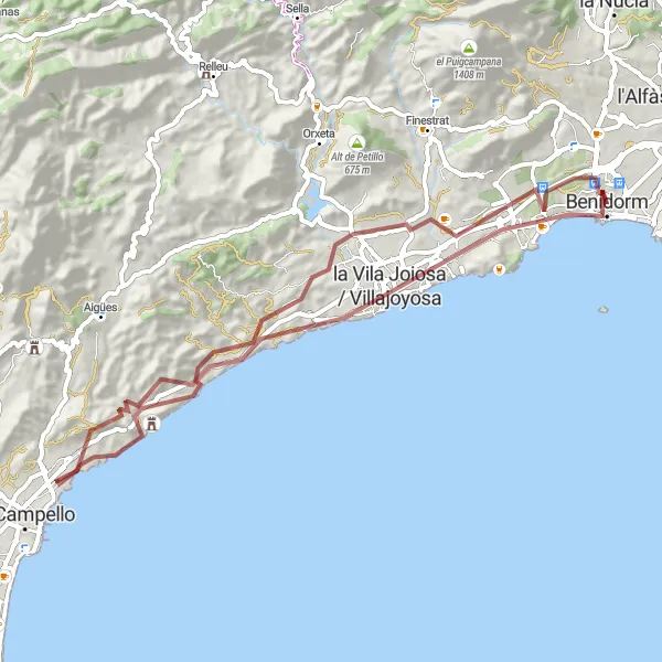 Miniatua del mapa de inspiración ciclista "Circuito en bicicleta de graveles desde Benidorm" en Comunitat Valenciana, Spain. Generado por Tarmacs.app planificador de rutas ciclistas