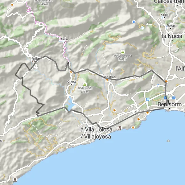 Miniature de la carte de l'inspiration cycliste "Ruta des Cimes de Benidorm" dans la Comunitat Valenciana, Spain. Générée par le planificateur d'itinéraire cycliste Tarmacs.app