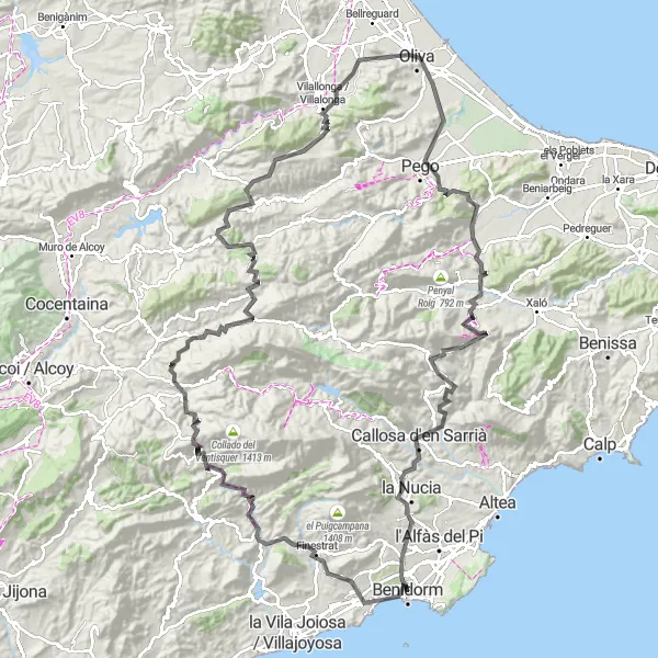 Miniatura della mappa di ispirazione al ciclismo "Giro in bicicletta da Benidorm" nella regione di Comunitat Valenciana, Spain. Generata da Tarmacs.app, pianificatore di rotte ciclistiche