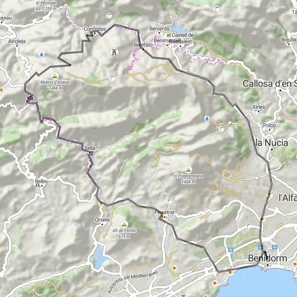 Map miniature of "Challenge of Sella and Tudons" cycling inspiration in Comunitat Valenciana, Spain. Generated by Tarmacs.app cycling route planner