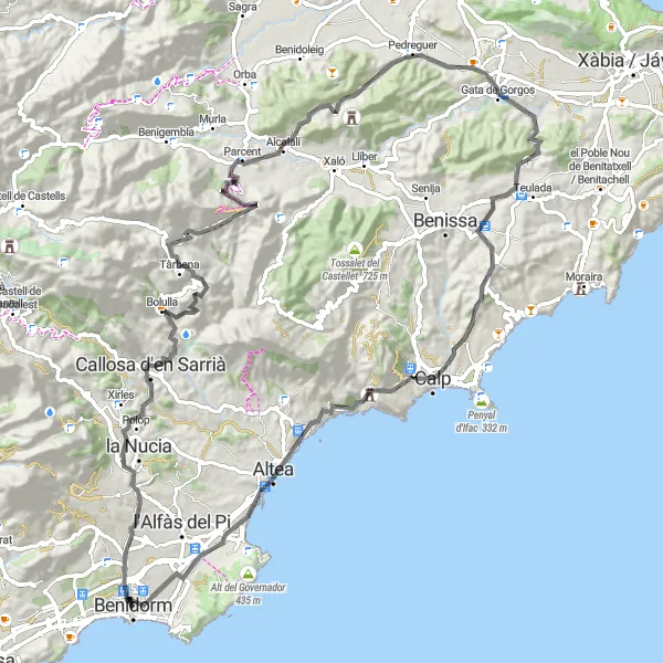 Miniature de la carte de l'inspiration cycliste "La Route des Collines et Villages" dans la Comunitat Valenciana, Spain. Générée par le planificateur d'itinéraire cycliste Tarmacs.app