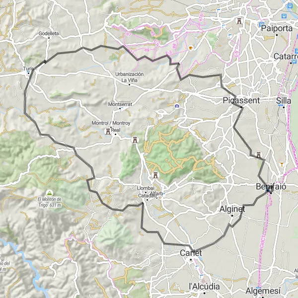 Miniatura della mappa di ispirazione al ciclismo "Alla scoperta di Carlet in bicicletta" nella regione di Comunitat Valenciana, Spain. Generata da Tarmacs.app, pianificatore di rotte ciclistiche