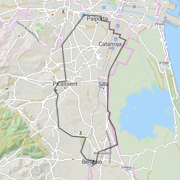 Miniatua del mapa de inspiración ciclista "Ruta de ciclismo de carretera desde Benifaió hasta Torre Espioca" en Comunitat Valenciana, Spain. Generado por Tarmacs.app planificador de rutas ciclistas