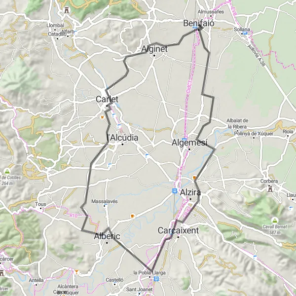 Miniatura della mappa di ispirazione al ciclismo "Esplorando Algemesí e Carcaixent in bicicletta" nella regione di Comunitat Valenciana, Spain. Generata da Tarmacs.app, pianificatore di rotte ciclistiche