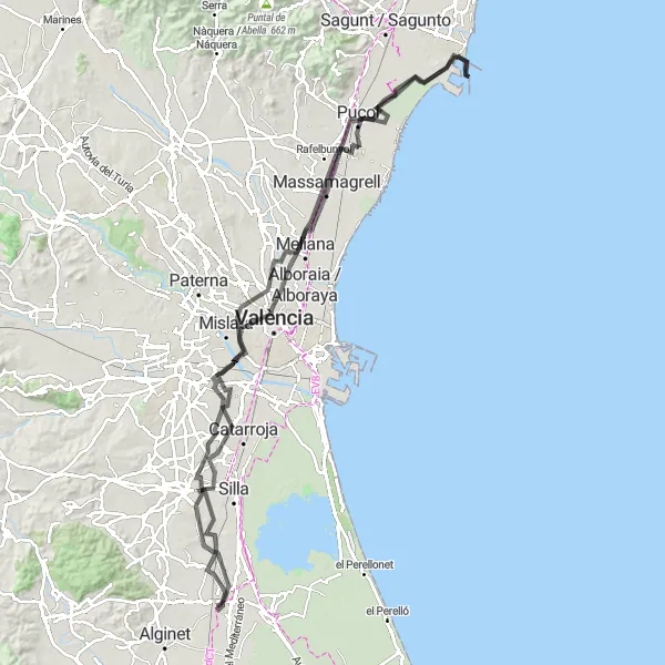 Miniatura della mappa di ispirazione al ciclismo "Giro Epico da Benifaió a Albal" nella regione di Comunitat Valenciana, Spain. Generata da Tarmacs.app, pianificatore di rotte ciclistiche