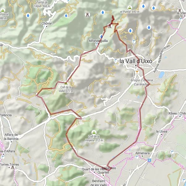 Miniatura mapy "Trasa rowerowa Gravel: Benifairó de les Valls - Quartell - Coll de la Vella - Penya del Migdia - la Vall d'Uixó" - trasy rowerowej w Comunitat Valenciana, Spain. Wygenerowane przez planer tras rowerowych Tarmacs.app