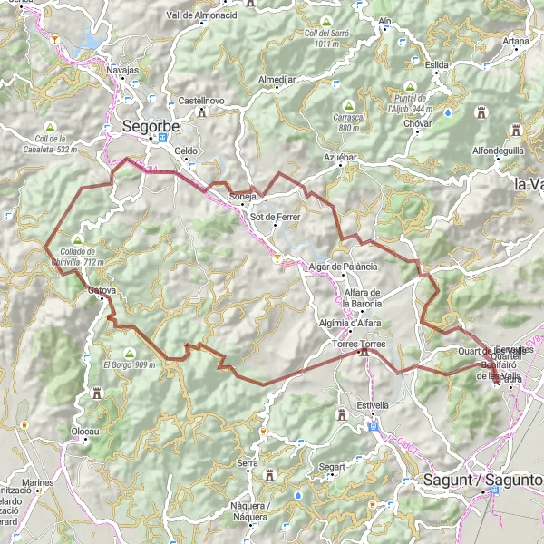 Map miniature of "The Hilly Gravel Challenge: Algímia d'Alfara to Quartell" cycling inspiration in Comunitat Valenciana, Spain. Generated by Tarmacs.app cycling route planner