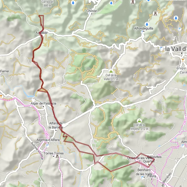 Miniatura della mappa di ispirazione al ciclismo "Giro in Gravel tra Benavites e Font de Quart" nella regione di Comunitat Valenciana, Spain. Generata da Tarmacs.app, pianificatore di rotte ciclistiche