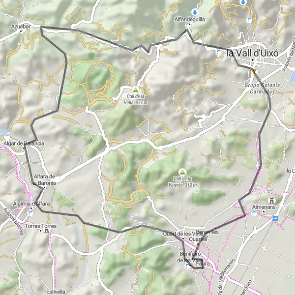 Map miniature of "Road Cycling Tour through Algar de Palància and Alfondeguilla" cycling inspiration in Comunitat Valenciana, Spain. Generated by Tarmacs.app cycling route planner