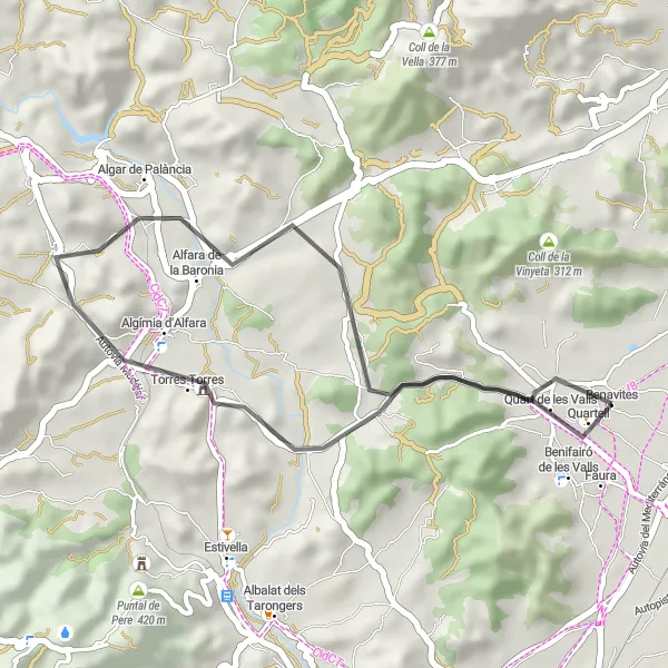 Miniatura mapy "Trasa rowerowa Road: Benifairó de les Valls - Algímia d'Alfara - Alfara de la Baronia - Font de Quart" - trasy rowerowej w Comunitat Valenciana, Spain. Wygenerowane przez planer tras rowerowych Tarmacs.app