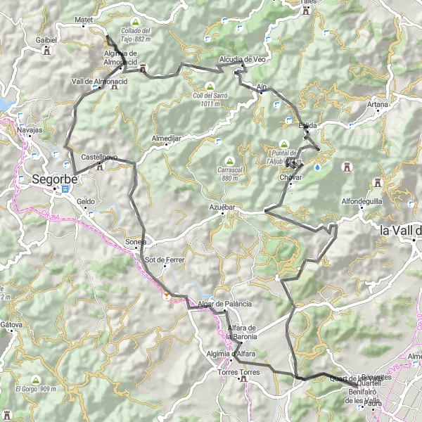 Miniatura della mappa di ispirazione al ciclismo "Tour Panoramico attraverso Aín e Font de Quart" nella regione di Comunitat Valenciana, Spain. Generata da Tarmacs.app, pianificatore di rotte ciclistiche