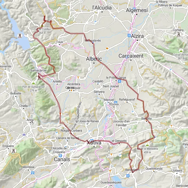 Miniatua del mapa de inspiración ciclista "Excitante ruta de ciclismo en gravilla por Xàtiva y Alberic" en Comunitat Valenciana, Spain. Generado por Tarmacs.app planificador de rutas ciclistas