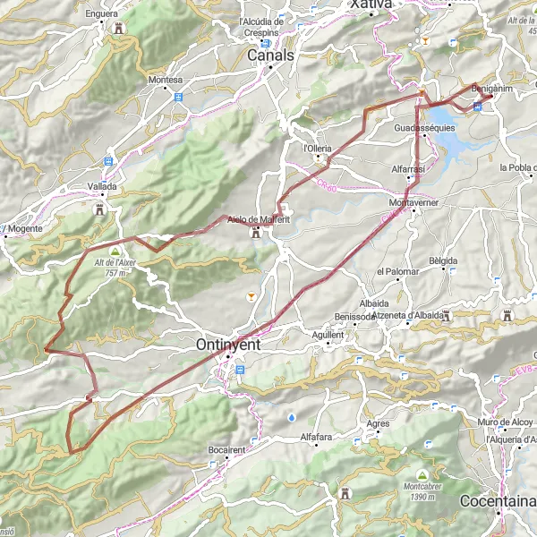 Map miniature of "Through the Mountains: Benigànim to Ontinyent" cycling inspiration in Comunitat Valenciana, Spain. Generated by Tarmacs.app cycling route planner