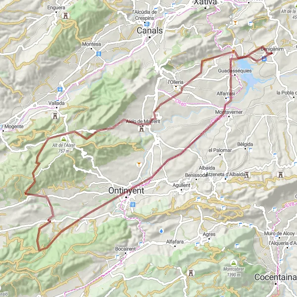 Miniaturekort af cykelinspirationen "Udfordrende Gravel-Rute nær Benigànim" i Comunitat Valenciana, Spain. Genereret af Tarmacs.app cykelruteplanlægger