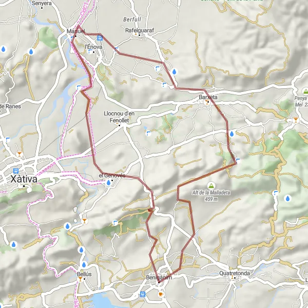 Miniaturní mapa "Gravel okruh přes les Bateries Altes, el Genovés, El Raboser, Barxeta, Alt de la Corsa a Benigànim" inspirace pro cyklisty v oblasti Comunitat Valenciana, Spain. Vytvořeno pomocí plánovače tras Tarmacs.app