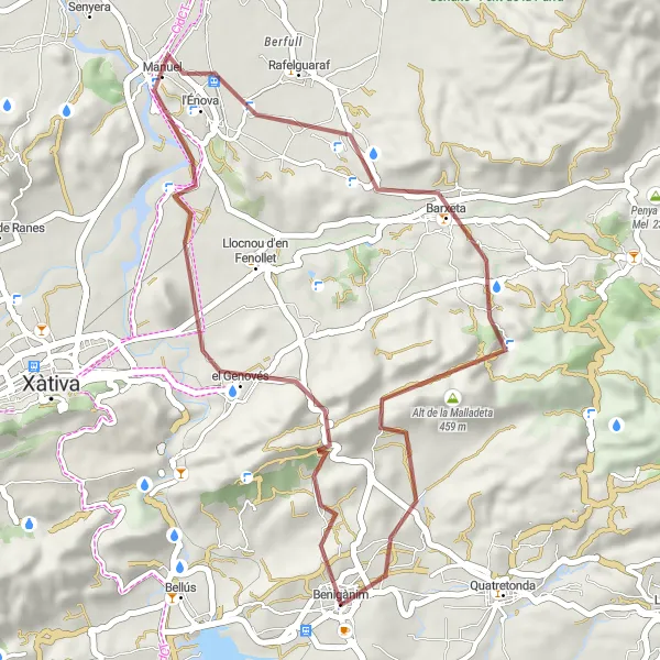 Map miniature of "Scenic Countryside: Benigànim Loop" cycling inspiration in Comunitat Valenciana, Spain. Generated by Tarmacs.app cycling route planner