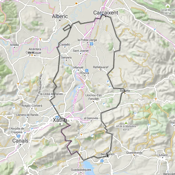 Miniatua del mapa de inspiración ciclista "Ruta en bicicleta de carretera cerca de Benigànim" en Comunitat Valenciana, Spain. Generado por Tarmacs.app planificador de rutas ciclistas