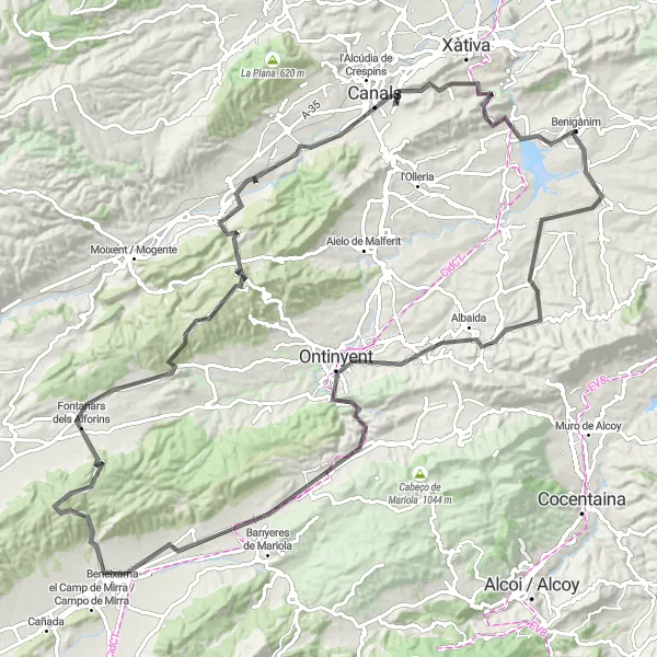 Map miniature of "The Benigànim and Surroundings Loop" cycling inspiration in Comunitat Valenciana, Spain. Generated by Tarmacs.app cycling route planner