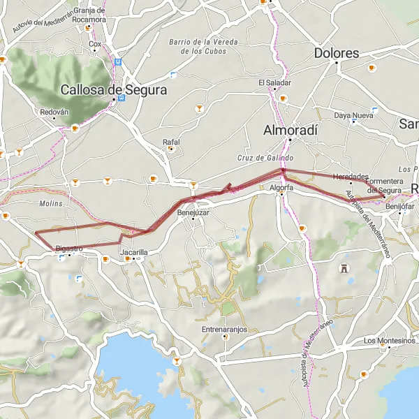 Map miniature of "Biking through Benijófar and Bigastro" cycling inspiration in Comunitat Valenciana, Spain. Generated by Tarmacs.app cycling route planner